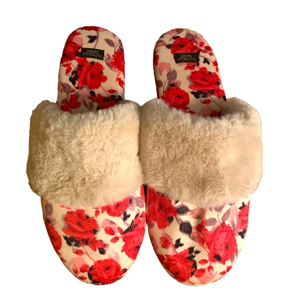 Victoria’s Secret Floral Satin Faux Fur Trim Mule Slippers Women’s Medium